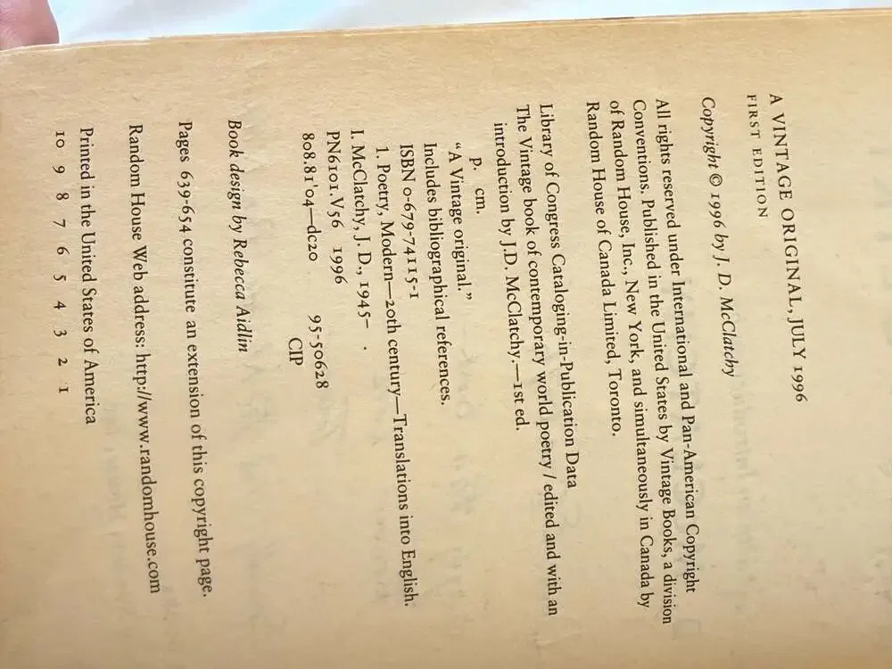 The Vintage Book of Contemporary World Poetry edited by J.D. McClatchy (1996 Fir